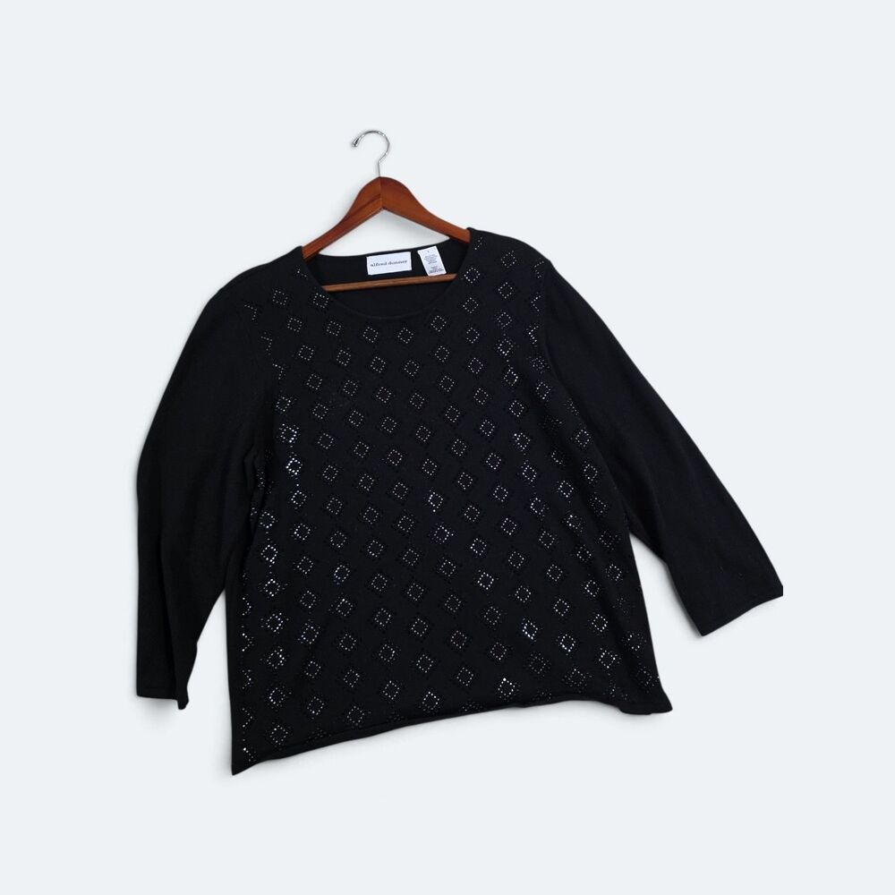 Alfred Dunner Black Studded Geometric Knit Top 3/4 Sleeve Blouse Size Large